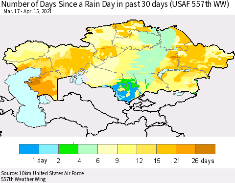 Kazakhstan Number of Days Since a Rain Day in past 30 days (USAF 557th WW) Thematic Map For 4/11/2021 - 4/15/2021