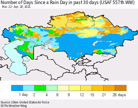 Kazakhstan Number of Days Since a Rain Day in past 30 days (USAF 557th WW) Thematic Map For 4/16/2021 - 4/20/2021