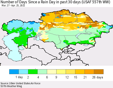 Kazakhstan Number of Days Since a Rain Day in past 30 days (USAF 557th WW) Thematic Map For 4/21/2021 - 4/25/2021