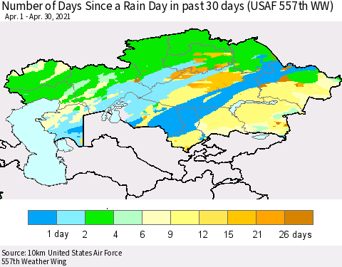 Kazakhstan Number of Days Since a Rain Day in past 30 days (USAF 557th WW) Thematic Map For 4/26/2021 - 4/30/2021