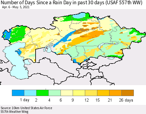 Kazakhstan Number of Days Since a Rain Day in past 30 days (USAF 557th WW) Thematic Map For 5/1/2021 - 5/5/2021