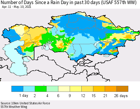 Kazakhstan Number of Days Since a Rain Day in past 30 days (USAF 557th WW) Thematic Map For 5/6/2021 - 5/10/2021