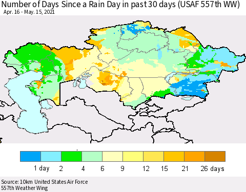 Kazakhstan Number of Days Since a Rain Day in past 30 days (USAF 557th WW) Thematic Map For 5/11/2021 - 5/15/2021