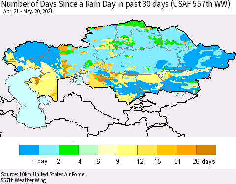 Kazakhstan Number of Days Since a Rain Day in past 30 days (USAF 557th WW) Thematic Map For 5/16/2021 - 5/20/2021