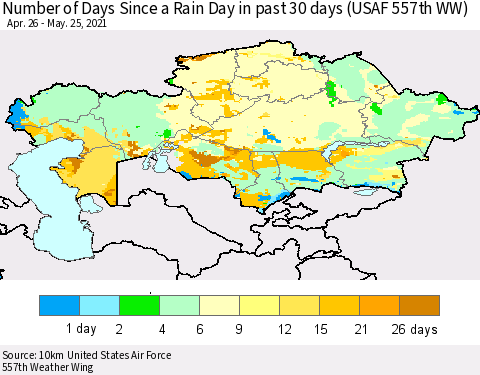 Kazakhstan Number of Days Since a Rain Day in past 30 days (USAF 557th WW) Thematic Map For 5/21/2021 - 5/25/2021