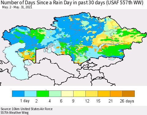 Kazakhstan Number of Days Since a Rain Day in past 30 days (USAF 557th WW) Thematic Map For 5/26/2021 - 5/31/2021