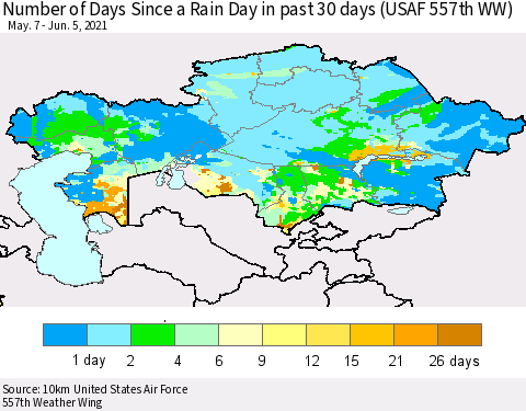 Kazakhstan Number of Days Since a Rain Day in past 30 days (USAF 557th WW) Thematic Map For 6/1/2021 - 6/5/2021