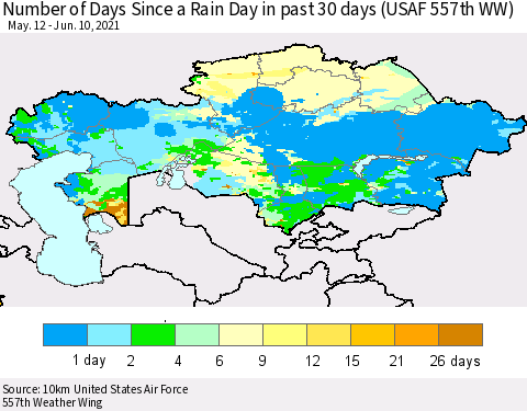 Kazakhstan Number of Days Since a Rain Day in past 30 days (USAF 557th WW) Thematic Map For 6/6/2021 - 6/10/2021