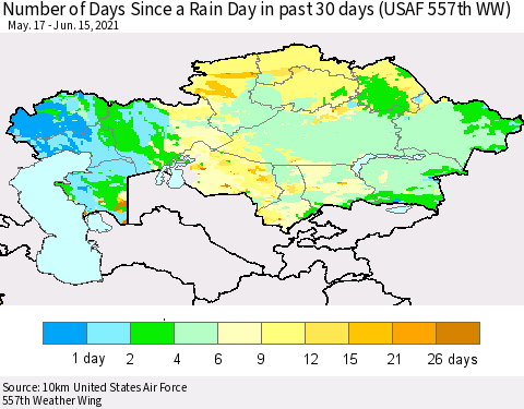 Kazakhstan Number of Days Since a Rain Day in past 30 days (USAF 557th WW) Thematic Map For 6/11/2021 - 6/15/2021