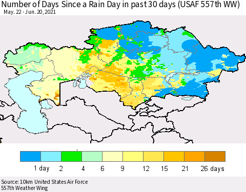 Kazakhstan Number of Days Since a Rain Day in past 30 days (USAF 557th WW) Thematic Map For 6/16/2021 - 6/20/2021
