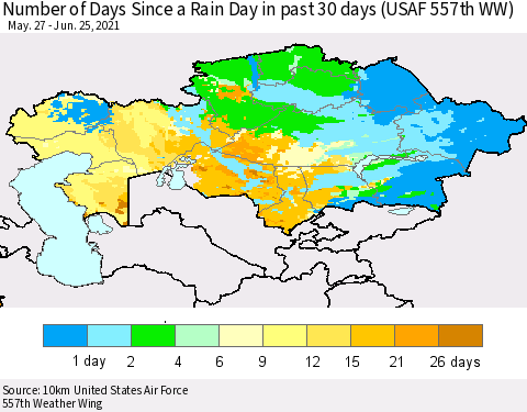 Kazakhstan Number of Days Since a Rain Day in past 30 days (USAF 557th WW) Thematic Map For 6/21/2021 - 6/25/2021