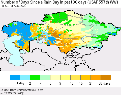 Kazakhstan Number of Days Since a Rain Day in past 30 days (USAF 557th WW) Thematic Map For 6/26/2021 - 6/30/2021