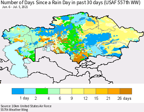 Kazakhstan Number of Days Since a Rain Day in past 30 days (USAF 557th WW) Thematic Map For 7/1/2021 - 7/5/2021