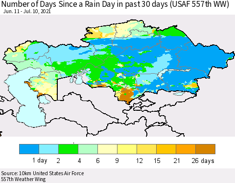 Kazakhstan Number of Days Since a Rain Day in past 30 days (USAF 557th WW) Thematic Map For 7/6/2021 - 7/10/2021