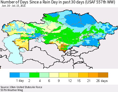 Kazakhstan Number of Days Since a Rain Day in past 30 days (USAF 557th WW) Thematic Map For 7/11/2021 - 7/15/2021