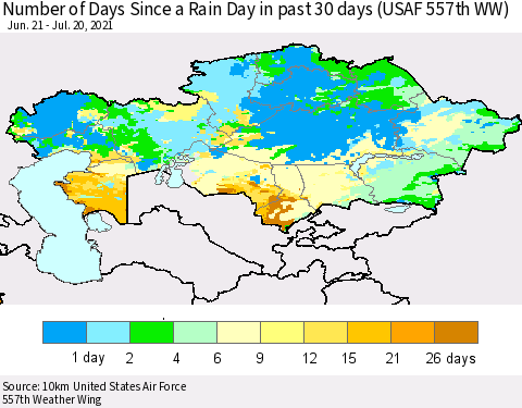 Kazakhstan Number of Days Since a Rain Day in past 30 days (USAF 557th WW) Thematic Map For 7/16/2021 - 7/20/2021