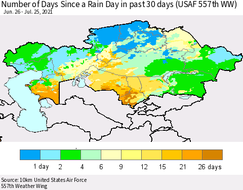 Kazakhstan Number of Days Since a Rain Day in past 30 days (USAF 557th WW) Thematic Map For 7/21/2021 - 7/25/2021