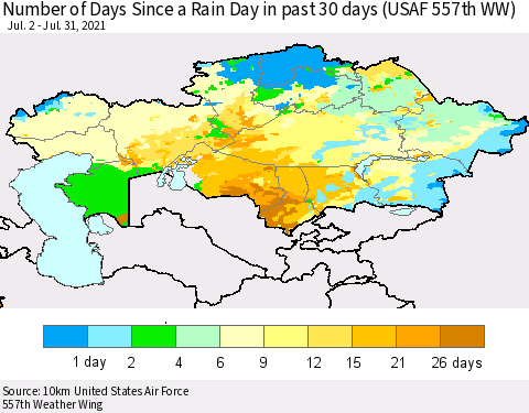 Kazakhstan Number of Days Since a Rain Day in past 30 days (USAF 557th WW) Thematic Map For 7/26/2021 - 7/31/2021