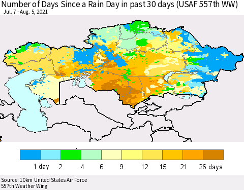 Kazakhstan Number of Days Since a Rain Day in past 30 days (USAF 557th WW) Thematic Map For 8/1/2021 - 8/5/2021