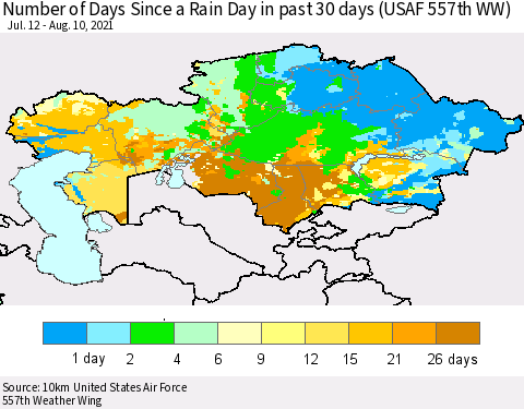 Kazakhstan Number of Days Since a Rain Day in past 30 days (USAF 557th WW) Thematic Map For 8/6/2021 - 8/10/2021