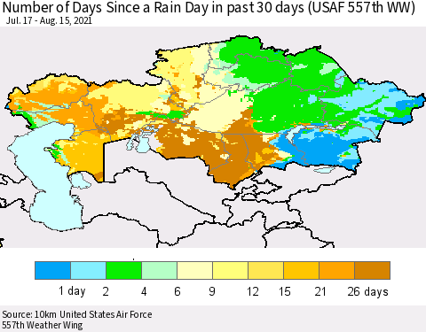 Kazakhstan Number of Days Since a Rain Day in past 30 days (USAF 557th WW) Thematic Map For 8/11/2021 - 8/15/2021