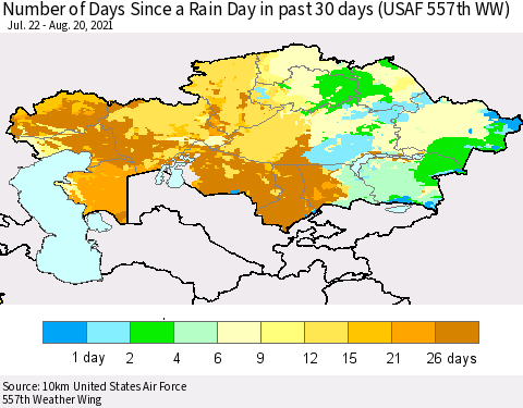 Kazakhstan Number of Days Since a Rain Day in past 30 days (USAF 557th WW) Thematic Map For 8/16/2021 - 8/20/2021