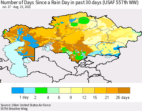 Kazakhstan Number of Days Since a Rain Day in past 30 days (USAF 557th WW) Thematic Map For 8/21/2021 - 8/25/2021