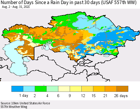 Kazakhstan Number of Days Since a Rain Day in past 30 days (USAF 557th WW) Thematic Map For 8/26/2021 - 8/31/2021