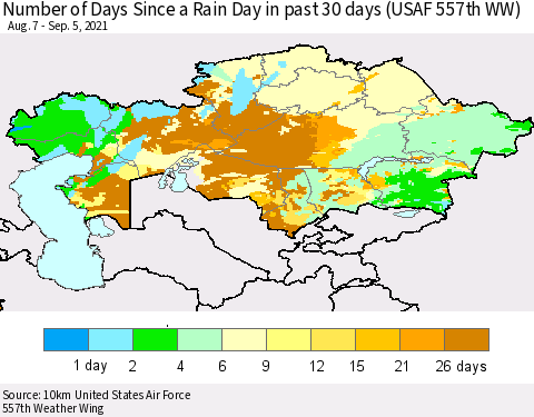 Kazakhstan Number of Days Since a Rain Day in past 30 days (USAF 557th WW) Thematic Map For 9/1/2021 - 9/5/2021