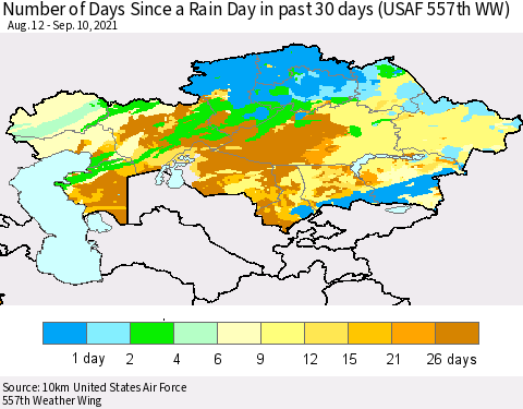 Kazakhstan Number of Days Since a Rain Day in past 30 days (USAF 557th WW) Thematic Map For 9/6/2021 - 9/10/2021