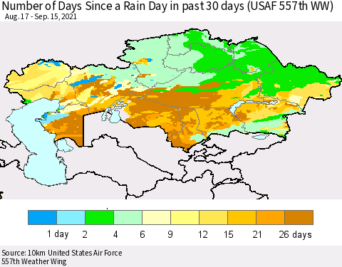 Kazakhstan Number of Days Since a Rain Day in past 30 days (USAF 557th WW) Thematic Map For 9/11/2021 - 9/15/2021
