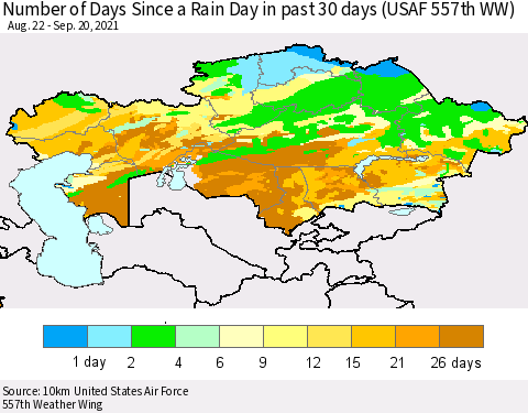 Kazakhstan Number of Days Since a Rain Day in past 30 days (USAF 557th WW) Thematic Map For 9/16/2021 - 9/20/2021