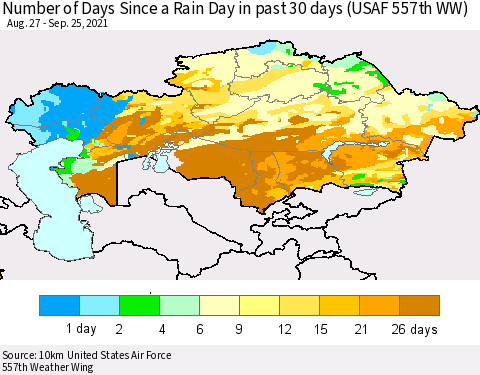 Kazakhstan Number of Days Since a Rain Day in past 30 days (USAF 557th WW) Thematic Map For 9/21/2021 - 9/25/2021
