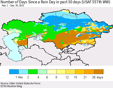 Kazakhstan Number of Days Since a Rain Day in past 30 days (USAF 557th WW) Thematic Map For 9/26/2021 - 9/30/2021