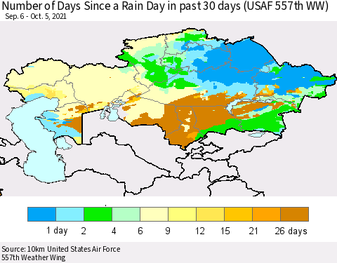 Kazakhstan Number of Days Since a Rain Day in past 30 days (USAF 557th WW) Thematic Map For 10/1/2021 - 10/5/2021