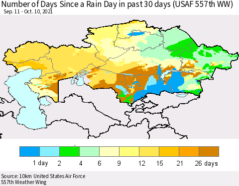 Kazakhstan Number of Days Since a Rain Day in past 30 days (USAF 557th WW) Thematic Map For 10/6/2021 - 10/10/2021