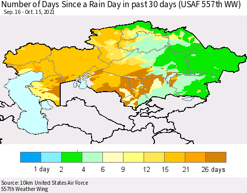 Kazakhstan Number of Days Since a Rain Day in past 30 days (USAF 557th WW) Thematic Map For 10/11/2021 - 10/15/2021