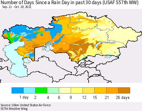 Kazakhstan Number of Days Since a Rain Day in past 30 days (USAF 557th WW) Thematic Map For 10/16/2021 - 10/20/2021