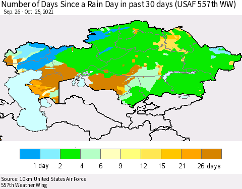 Kazakhstan Number of Days Since a Rain Day in past 30 days (USAF 557th WW) Thematic Map For 10/21/2021 - 10/25/2021