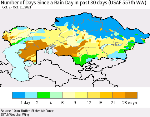 Kazakhstan Number of Days Since a Rain Day in past 30 days (USAF 557th WW) Thematic Map For 10/26/2021 - 10/31/2021