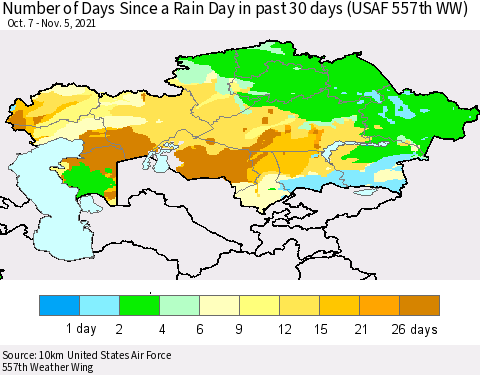 Kazakhstan Number of Days Since a Rain Day in past 30 days (USAF 557th WW) Thematic Map For 11/1/2021 - 11/5/2021