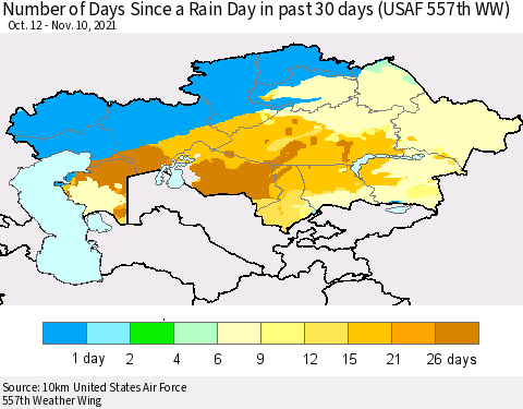 Kazakhstan Number of Days Since a Rain Day in past 30 days (USAF 557th WW) Thematic Map For 11/6/2021 - 11/10/2021
