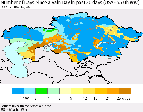 Kazakhstan Number of Days Since a Rain Day in past 30 days (USAF 557th WW) Thematic Map For 11/11/2021 - 11/15/2021