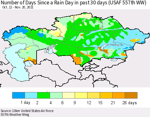 Kazakhstan Number of Days Since a Rain Day in past 30 days (USAF 557th WW) Thematic Map For 11/16/2021 - 11/20/2021