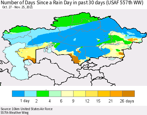 Kazakhstan Number of Days Since a Rain Day in past 30 days (USAF 557th WW) Thematic Map For 11/21/2021 - 11/25/2021