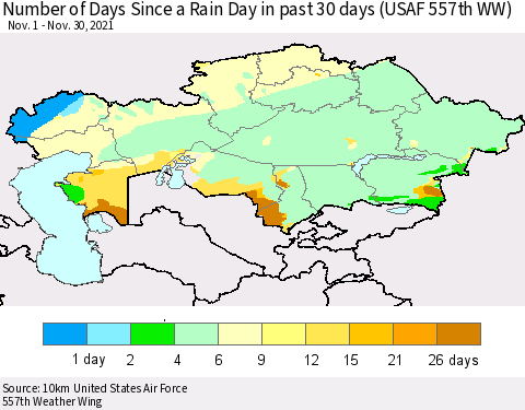 Kazakhstan Number of Days Since a Rain Day in past 30 days (USAF 557th WW) Thematic Map For 11/26/2021 - 11/30/2021