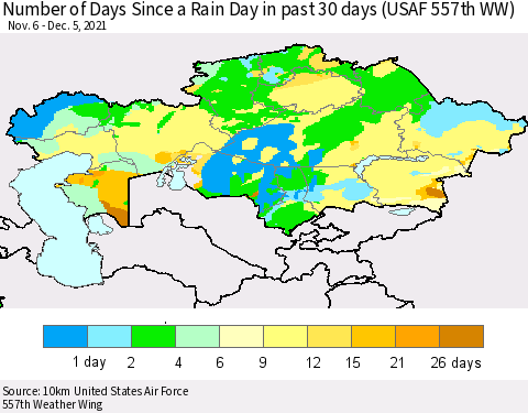 Kazakhstan Number of Days Since a Rain Day in past 30 days (USAF 557th WW) Thematic Map For 12/1/2021 - 12/5/2021