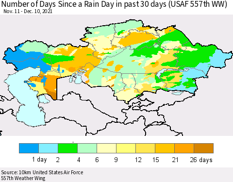 Kazakhstan Number of Days Since a Rain Day in past 30 days (USAF 557th WW) Thematic Map For 12/6/2021 - 12/10/2021