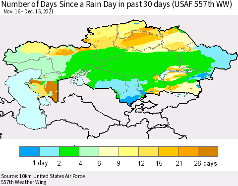 Kazakhstan Number of Days Since a Rain Day in past 30 days (USAF 557th WW) Thematic Map For 12/11/2021 - 12/15/2021
