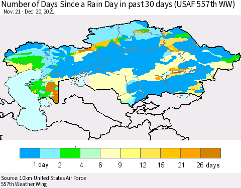 Kazakhstan Number of Days Since a Rain Day in past 30 days (USAF 557th WW) Thematic Map For 12/16/2021 - 12/20/2021